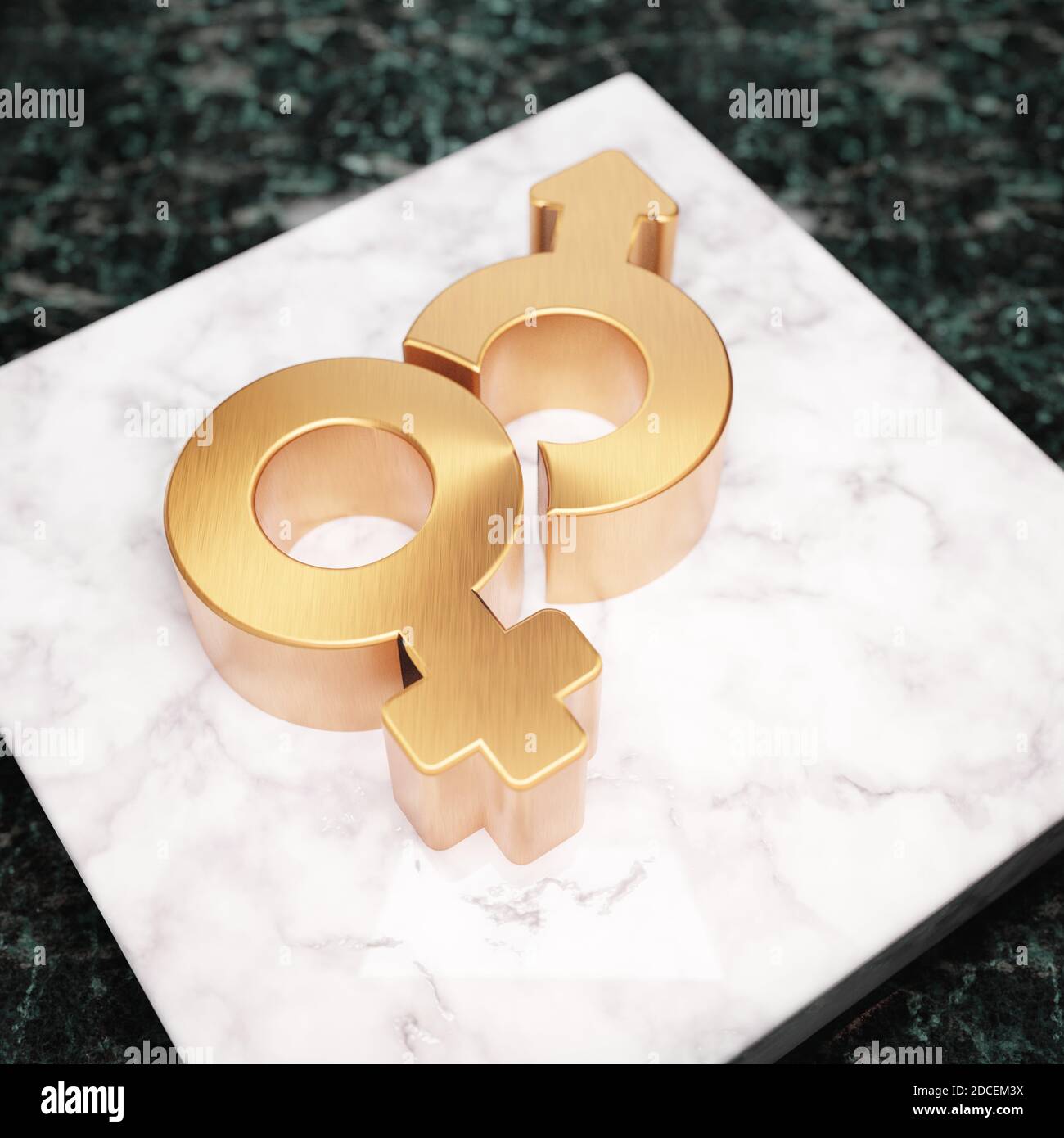 Mars and Venus icon. Bronze Mars and Venussymbol on white marble podium. Icon for website, social media, presentation, design template element. 3D render. Stock Photo