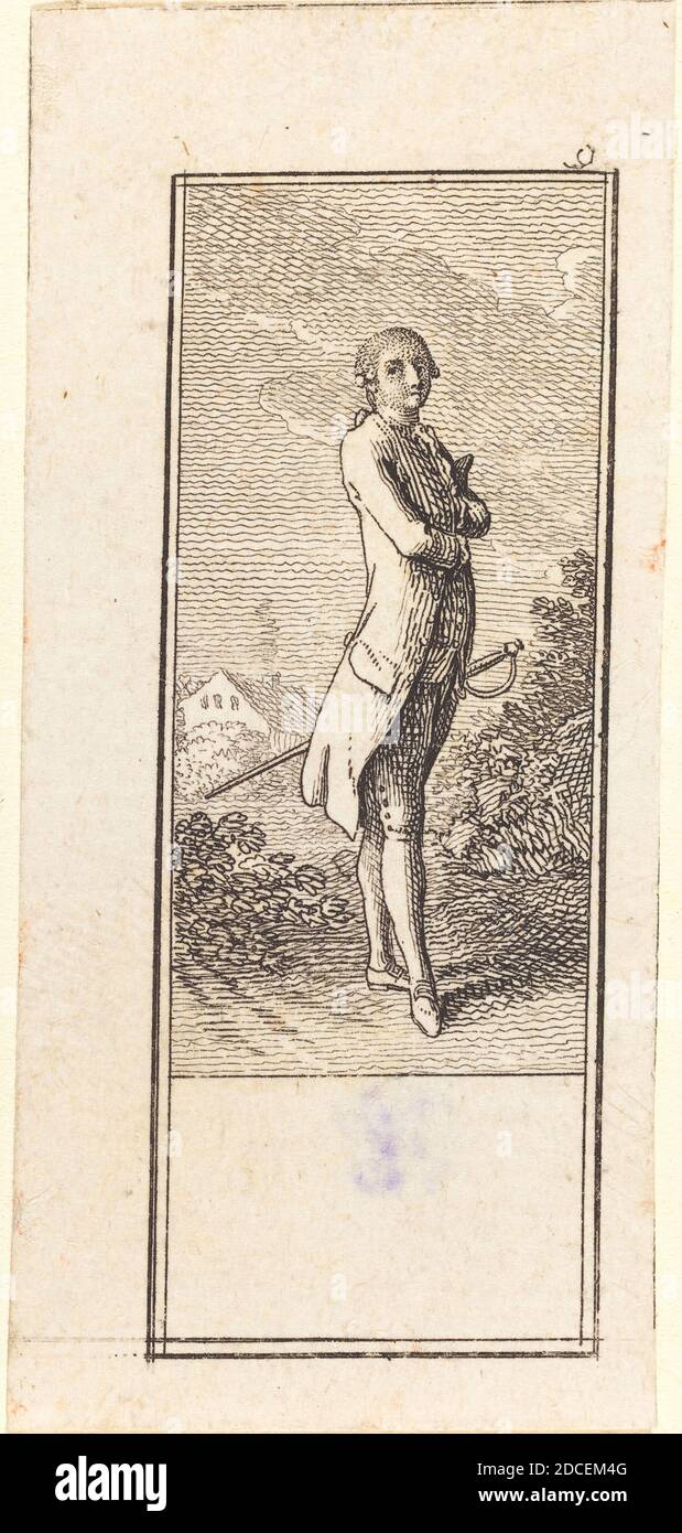 Daniel Nikolaus Chodowiecki, (artist), German, 1726 - 1801, Young Man Bareheaded, with Sword, Illustrations for a Pocket Calendar, (series), 1784, etching, Anonymous gift in memory of Charles B. Hoyt Stock Photo