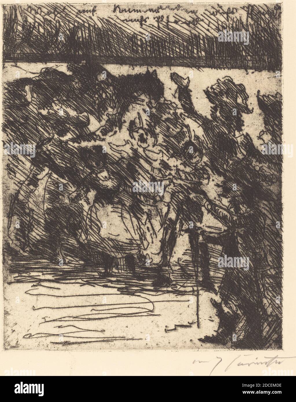 Lovis Corinth, (artist), German, 1858 - 1925, 'Wohl auf, kameraden, aufs pferd, aufs pferd! Ins feld, in die freiheit gezogen!' ('Come On, Comrades, to Horse, to Horse! To Battle, Bound for Liberty!'), Wallensteins Lager (Wallenstein's Camp), (series), 1923, etching in black on laid paper, plate: 25.4 x 20.5 cm (10 x 8 1/16 in.), sheet: 39.5 x 29 cm (15 9/16 x 11 7/16 in Stock Photo