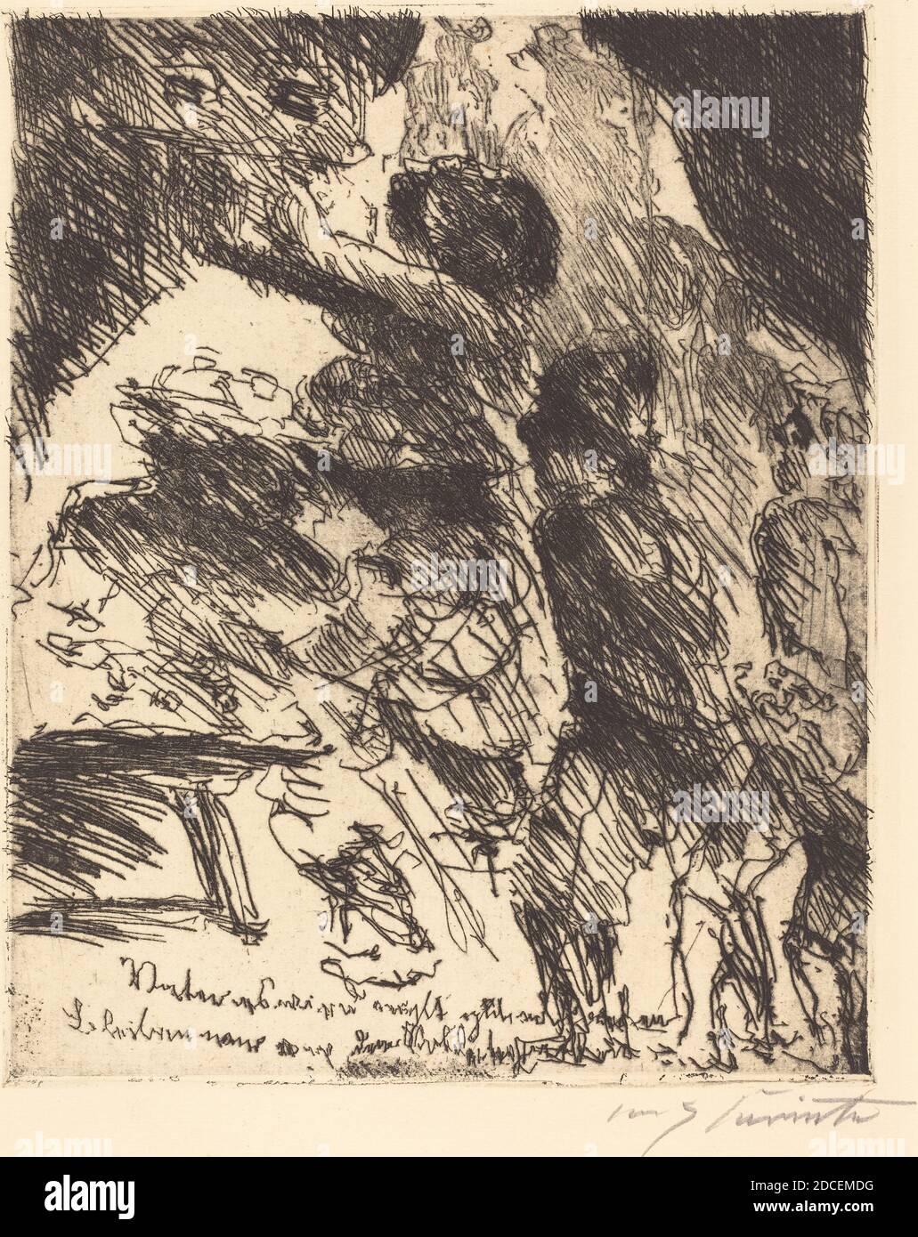 Lovis Corinth, (artist), German, 1858 - 1925, 'Vater, es wird nicht gut ablaufen, bleiben wir von dem soldatenhaufen' ('Father, This Won't Turn Out Well, We should stay away from the gang of soldiers'), Wallensteins Lager (Wallenstein's Camp), (series), 1923, etching in black on laid paper, plate: 25.8 x 20.8 cm (10 3/16 x 8 3/16 in.), sheet: 38.7 x 29.2 cm (15 1/4 x 11 1/2 in Stock Photo