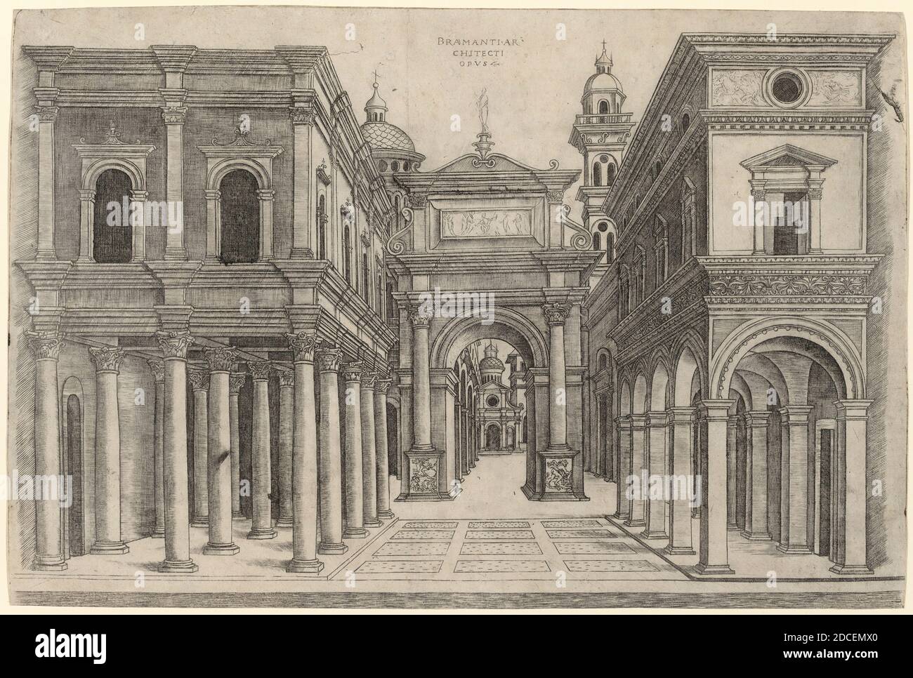 Andrea Zoan, (artist), Italian, active c.1475/1519, Donato Bramante, (artist after), Italian, probably 1444 - 1514, A Street with Various Buildings, Colonnades and an Arch, c. 1500/1510, engraving Stock Photo