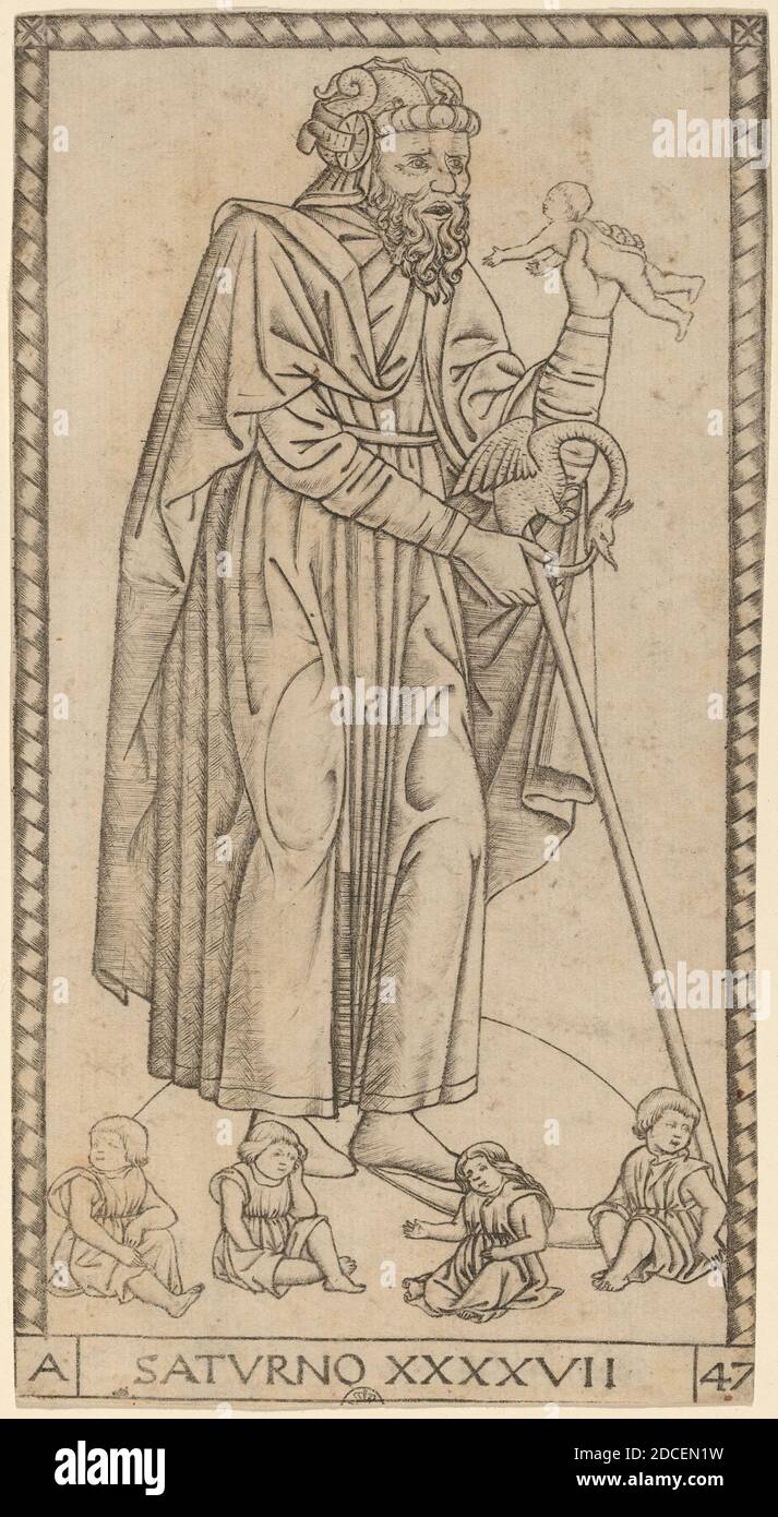 Master of the S-Series Tarocchi, (artist), Ferrarese, active c. 1470, Saturno (Saturn), S-Series (Ten Firmaments): no.XLVII, (series), probably c. 1470, engraving, sheet: 17.2 x 9.1 cm (6 3/4 x 3 9/16 in Stock Photo
