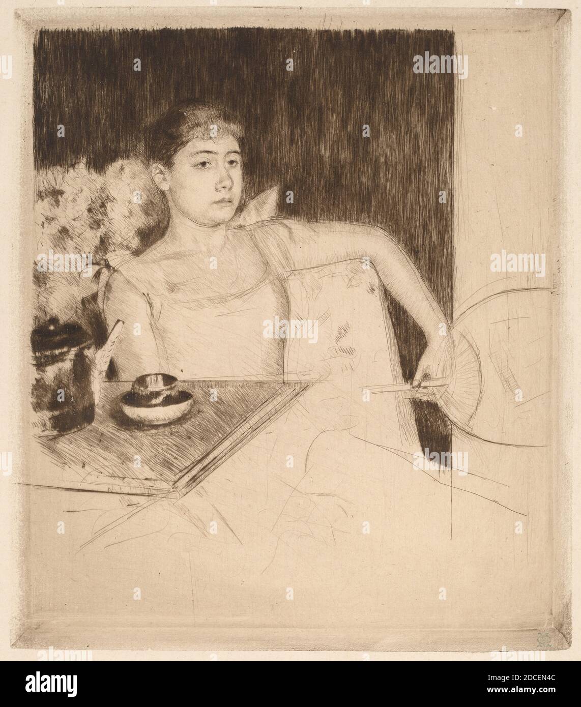 Mary Cassatt, (artist), American, 1844 - 1926, Tea, c. 1890, drypoint in black, plate: 17.7 x 15.5 cm (6 15/16 x 6 1/8 in.), sheet: 30.5 × 23.8 cm (12 × 9 3/8 in Stock Photo