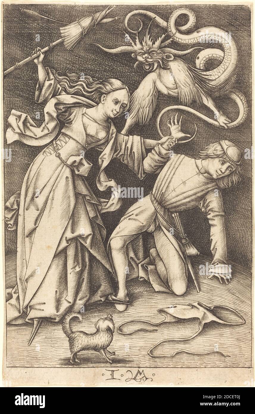 Israhel van Meckenem, (artist), German, c. 1445 - 1503, The Angry Wife, Scenes of Daily Life, (series), c. 1495/1503, engraving, sheet (trimmed to plate mark): 16.7 x 11.1 cm (6 9/16 x 4 3/8 in Stock Photo