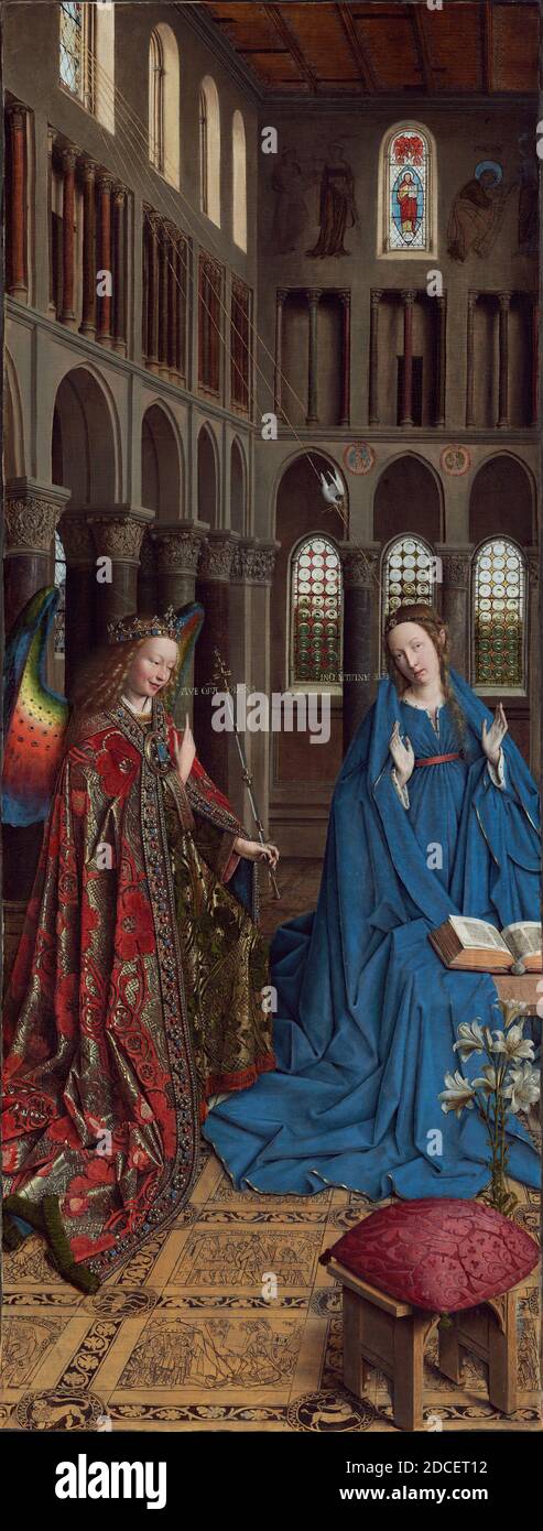 Jan van Eyck, (artist), Netherlandish, c. 1390 - 1441, The Annunciation, c. 1434/1436, oil on canvas transferred from panel, painted surface: 90.2 x 34.1 cm (35 1/2 x 13 7/16 in.), support: 92.7 x 36.7 cm (36 1/2 x 14 7/16 in.), framed: 97.31 × 42.23 × 6.99 cm (38 5/16 × 16 5/8 × 2 3/4 in.), The Annunciation described by Saint Luke is interpreted in terms of actuality in this painting, which was probably once the left wing of a triptych. The forms—even that of the archangel—seem to have weight and volume. Light and shadow play over them in a natural way, and with amazing skill, Jan van Eyck Stock Photo