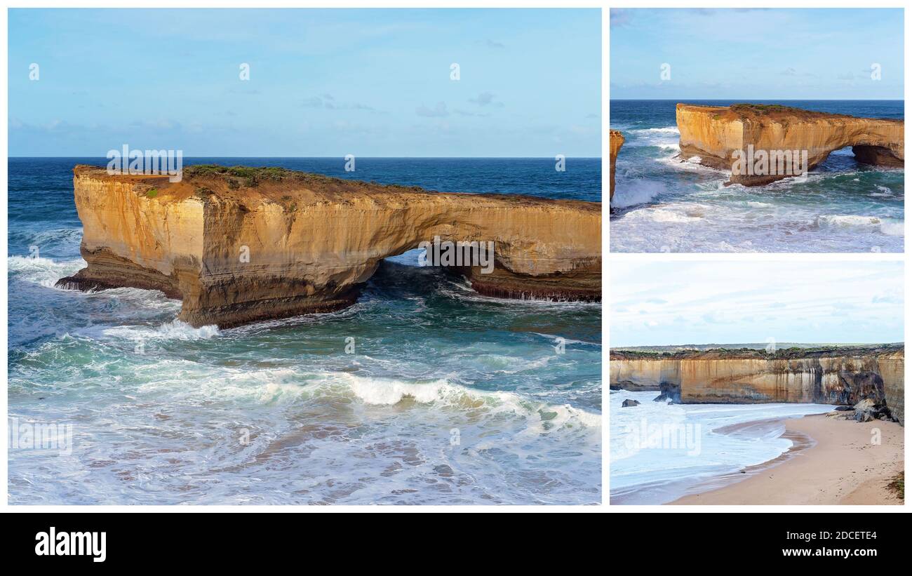 Collage of the well-known London Bridge tourist destination on the Great Ocean Road in Victoria Australia Stock Photo