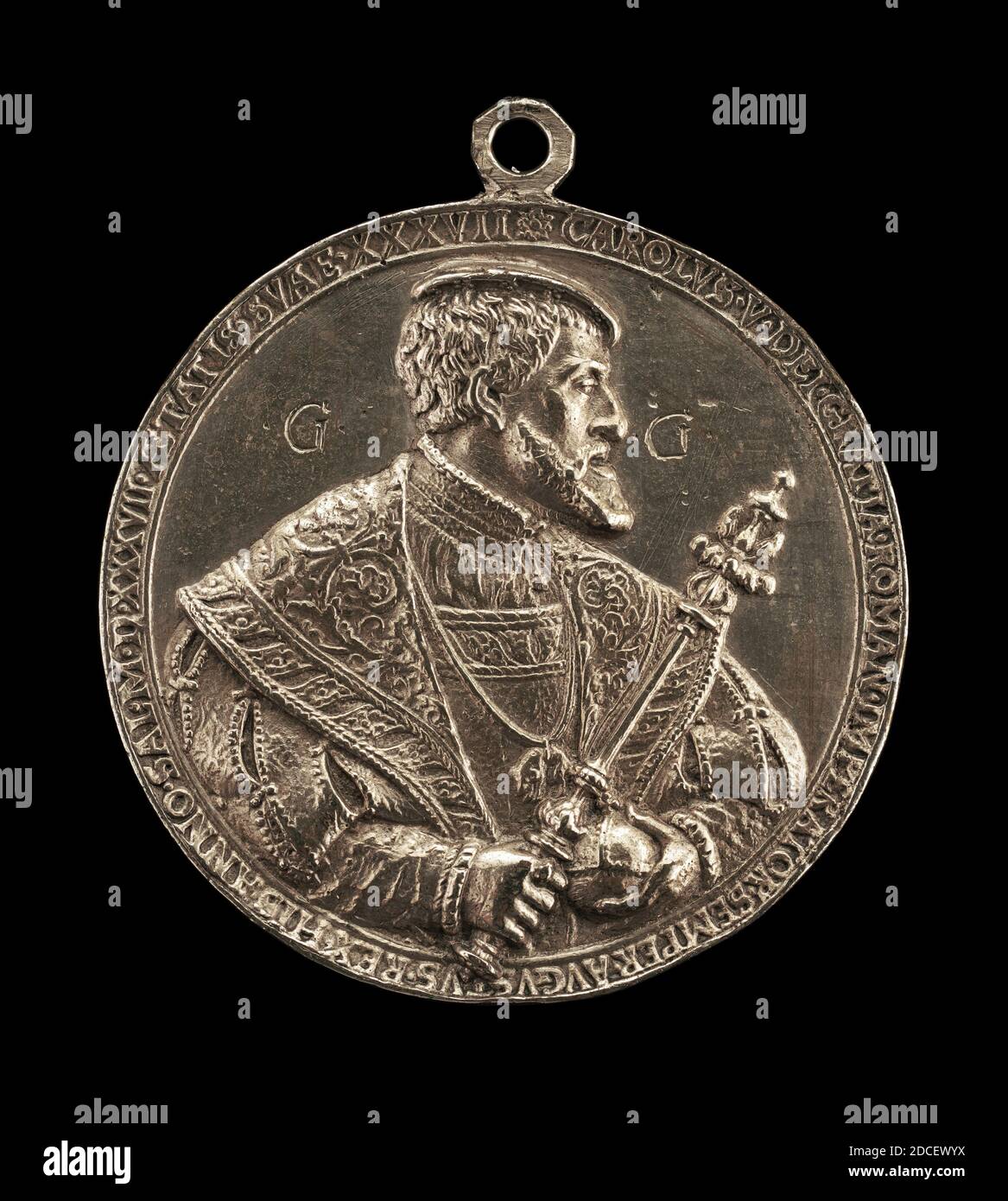 Hans Reinhart the Elder, (medalist), German, c. 1510 - 1581, Charles V, 1500-1558, King of Spain 1516-1556, Holy Roman Emperor 1519, 1537, silver/With loop, overall (height with suspension loop): 7.16 cm (2 13/16 in.), overall (diameter without loop): 6.38 cm (2 1/2 in.), gross weight: 58.31 gr (0.129 lb.), axis: 12:00 Stock Photo