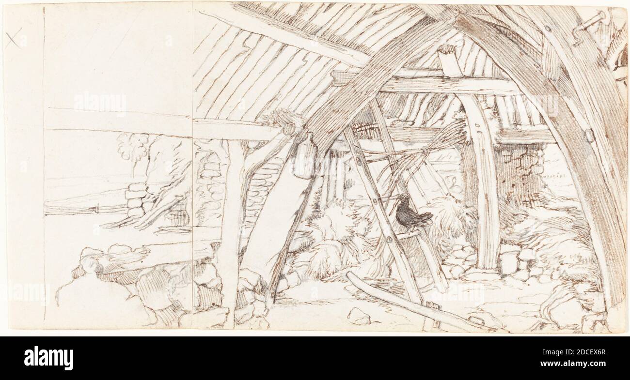 Sir Edwin Landseer, (artist), British, 1802 - 1873, The Barn, pen and brown ink over graphite on two joined sheets of wove paper, overall: 9.5 x 17.9 cm (3 3/4 x 7 1/16 in Stock Photo