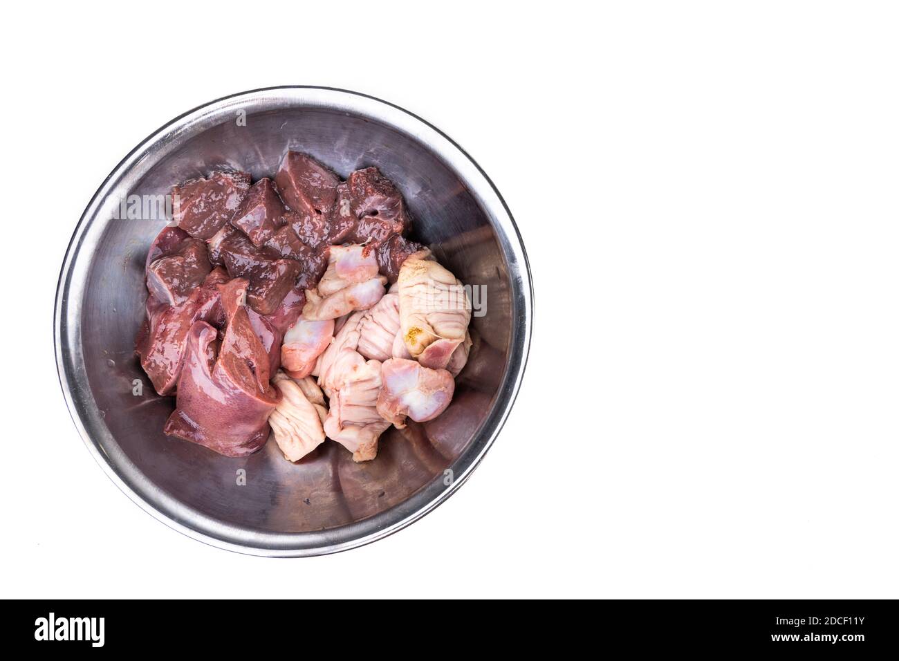Ingredients of barf raw food recipe for dogs includes the nutritious gizzard, offal and liver, for good health Stock Photo