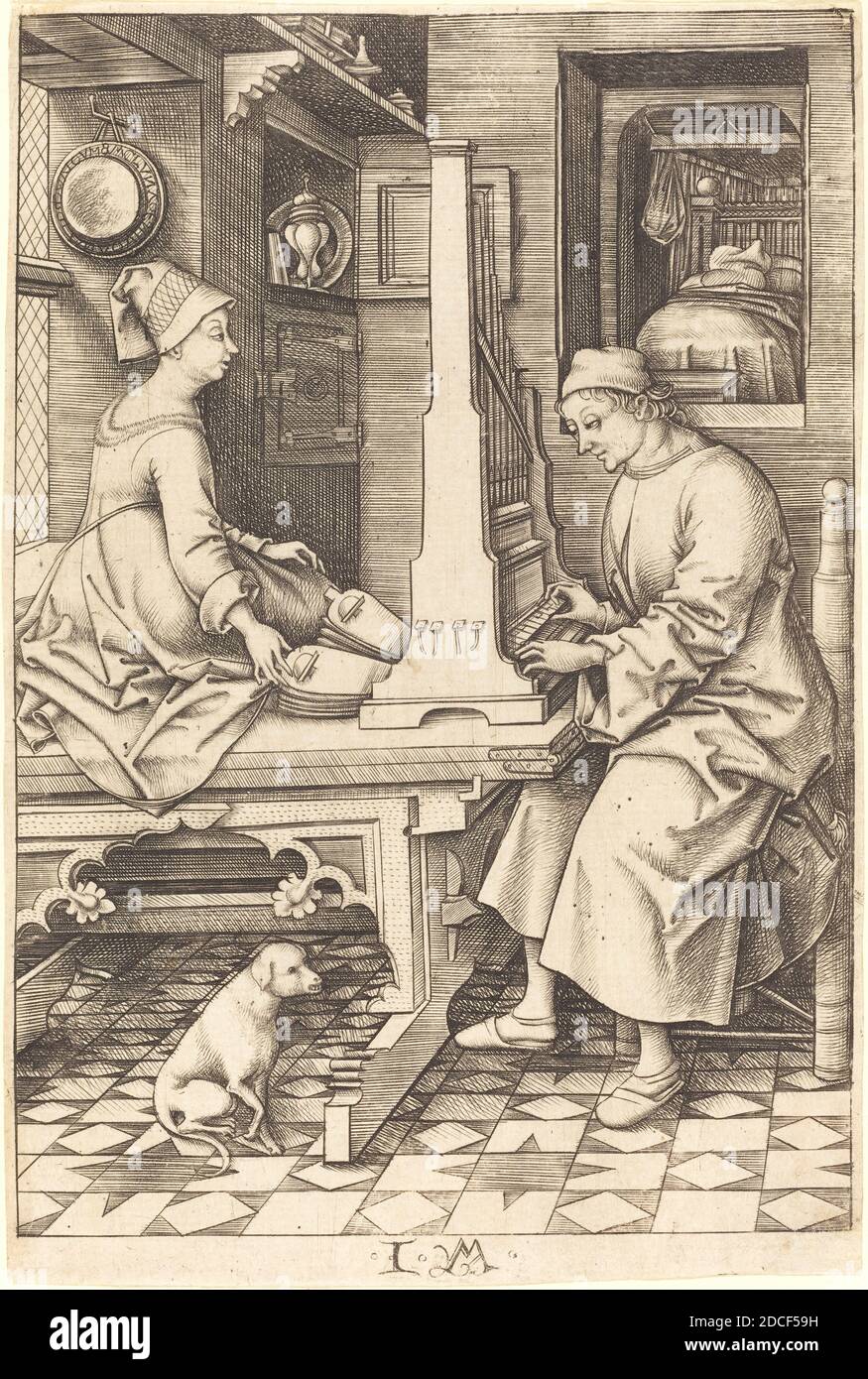 Israhel van Meckenem, (artist), German, c. 1445 - 1503, The Organ Player and His Wife, Scenes of Daily Life, (series), c. 1495/1503, engraving Stock Photo