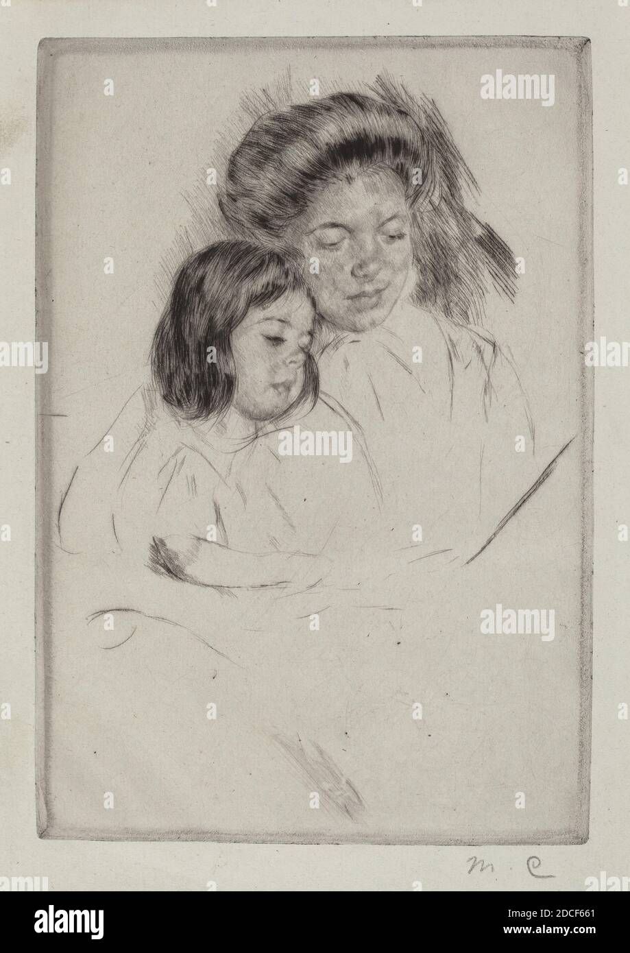 Mary Cassatt, (artist), American, 1844 - 1926, The Picture Book (No. 1), c. 1901, drypoint in black, plate: 22.07 × 14.92 cm (8 11/16 × 5 7/8 in Stock Photo