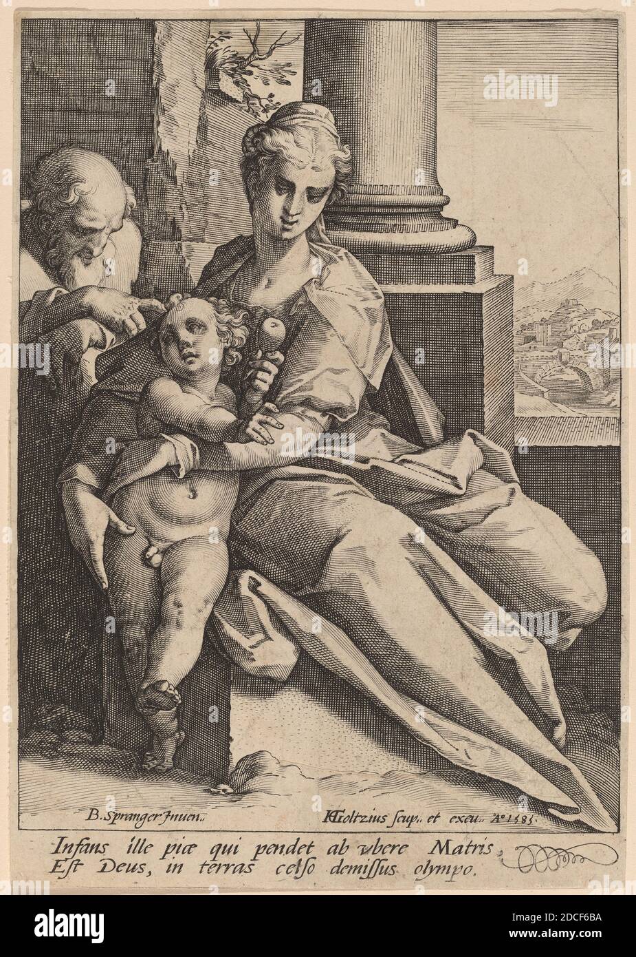 Hendrick Goltzius, (artist), Dutch, 1558 - 1617, Bartholomaeus Spranger, (artist after), Flemish, 1546 - 1611, The Holy Family, 1585, engraving on laid paper, sheet (trimmed within plate mark): 16.7 x 11.8 cm (6 9/16 x 4 5/8 in Stock Photo