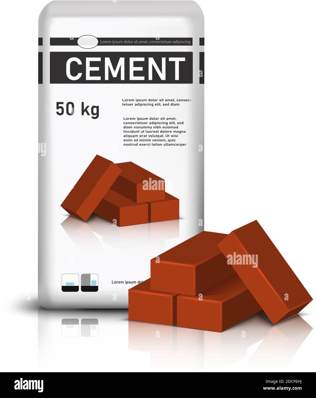 3d realistic vector bag of cement and red construction bricks. Stock Vector