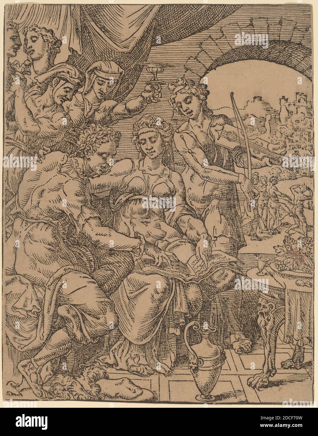Dirck Volckertz Coornhert, (artist), Netherlandish, 1522 - 1590, Maerten van Heemskerck, (artist after), Netherlandish, 1498 - 1574, The Prodigal Son Squandering His Inheritance on Harlots, The Parable of the Prodigal Son, (series), c. 1548, woodcut on brown laid paper, plate: 24 x 18.7 cm (9 7/16 x 7 3/8 in Stock Photo