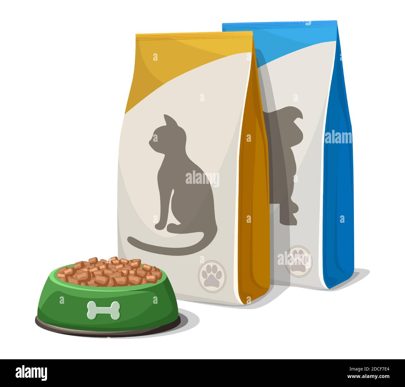 Vector cartoon style dog or cat food bowl and food packs. Isolated on white background. Stock Vector