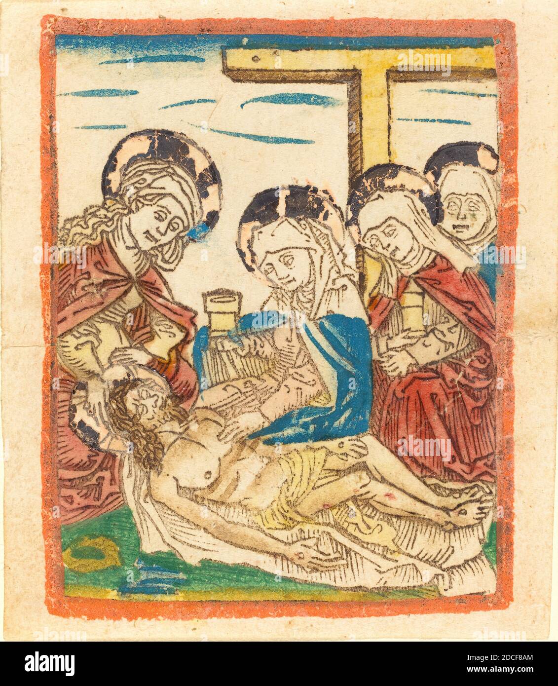 German 15th Century, (artist), The Lamentation, c. 1480/1490, woodcut in dark brown, hand-colored in red-lake, blue, green, yellow, tan, gold, and orange Stock Photo