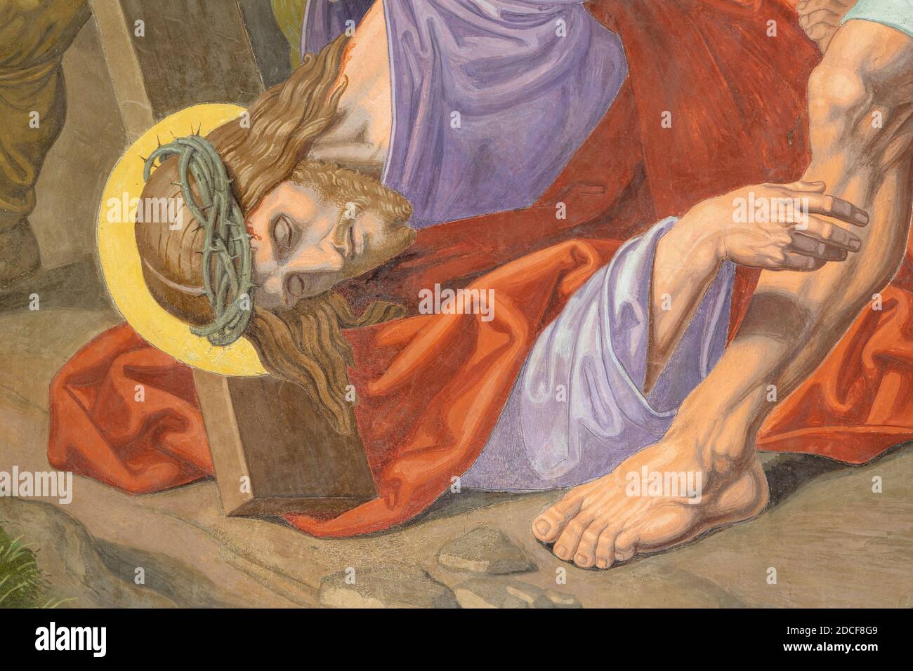 VIENNA, AUSTIRA - OCTOBER 22, 2020: The detail of fresco Fall of Jesus undwer the cross  as part of Cross way station. Stock Photo