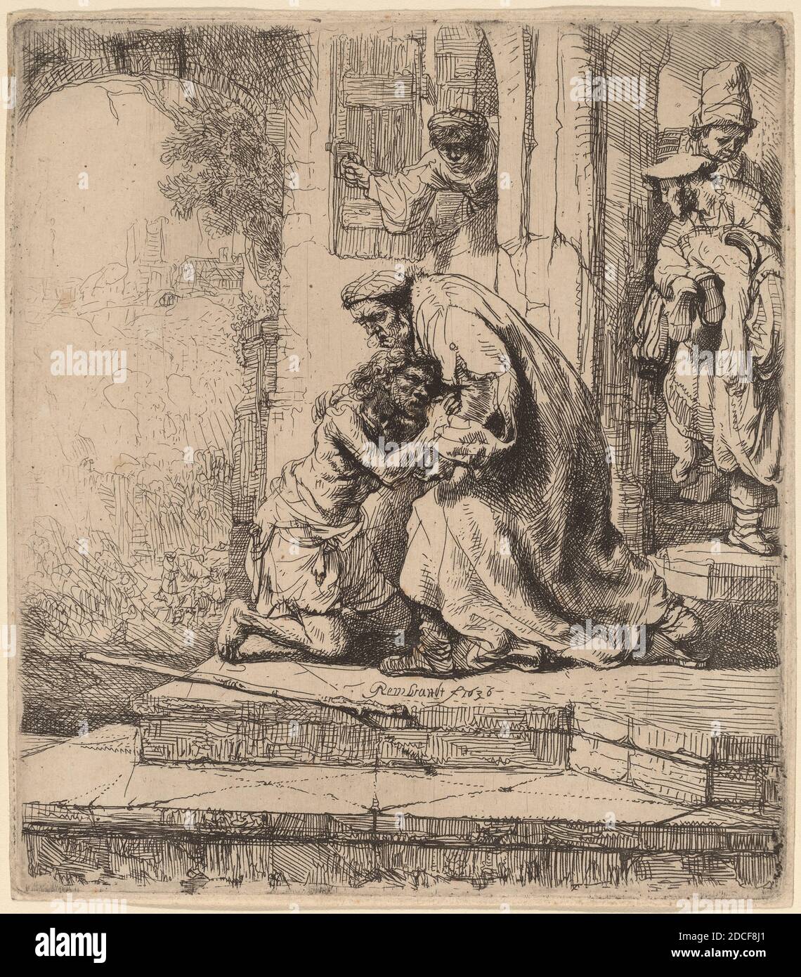 Rembrandt van Rijn, (artist), Dutch, 1606 - 1669, The Return of the Prodigal Son, 1636, etching on laid paper, plate: 15.6 x 13.7 cm (6 1/8 x 5 3/8 in.), sheet: 15.9 x 14 cm (6 1/4 x 5 1/2 in Stock Photo