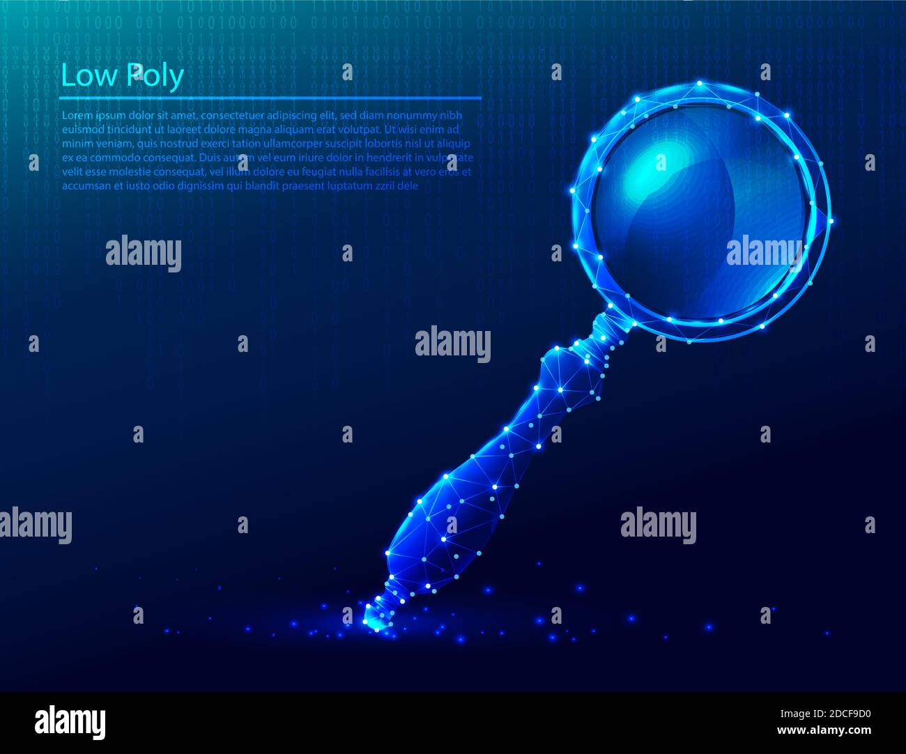 Vector low poly tech polygonal background with magnifying glass. Stock Vector