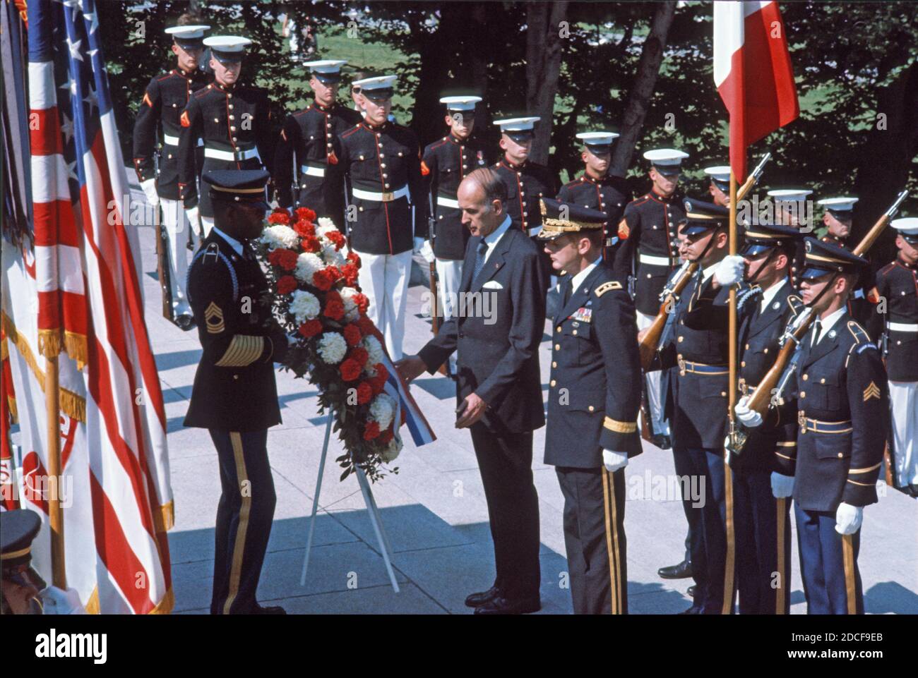 President Valéry Giscard d'Estaing of France, lays a wreath at the Tomb of the Unknown Soldier at Arlington National Cemetery in Arlington, Virginia on May 17, 1976.  Credit: Benjamin E. 'Gene' Forte / CNP /MediaPunch Stock Photo