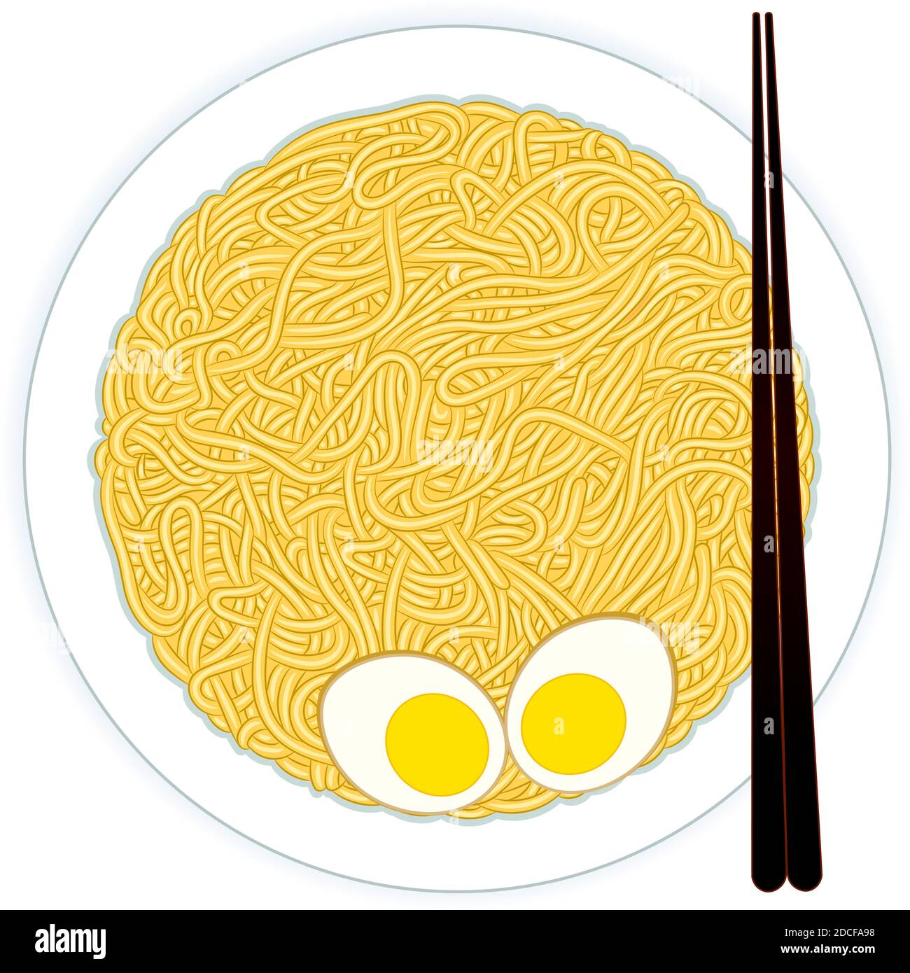 Chinese noodles on plate with boiled eggs and chopsticks. Spaghetti