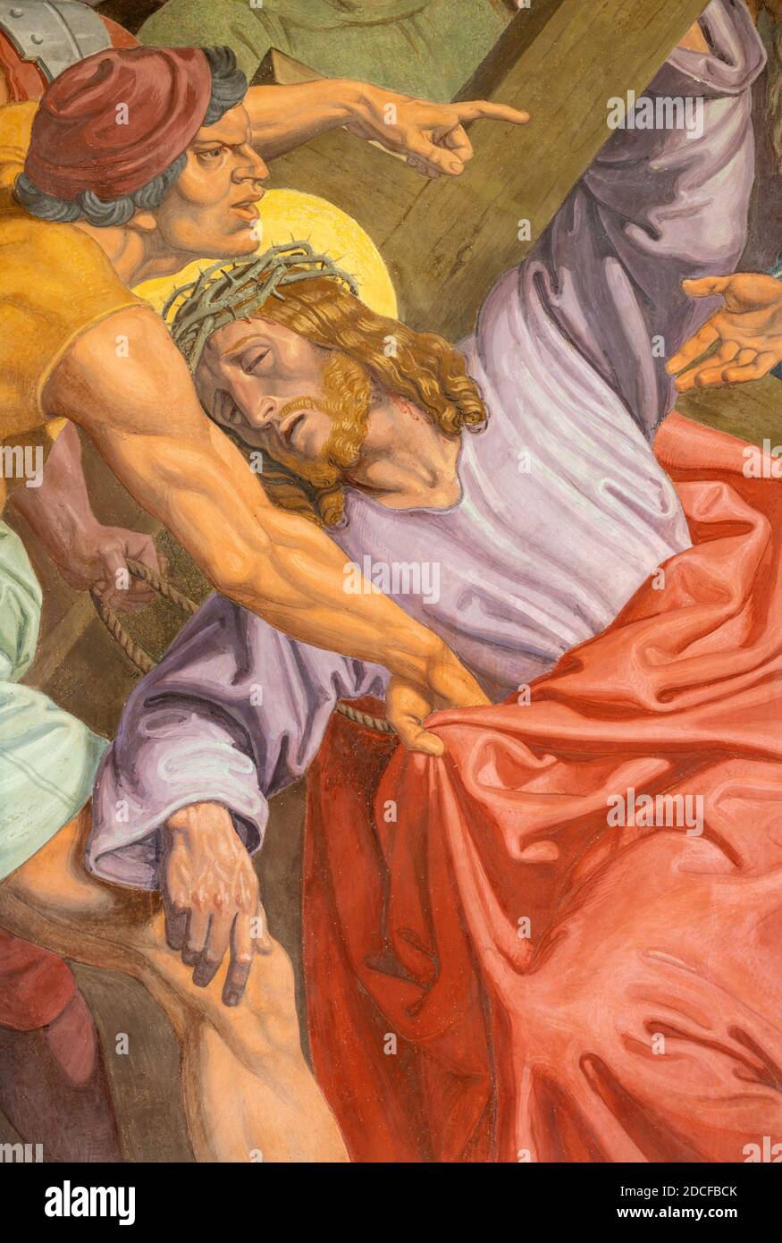VIENNA, AUSTIRA - OCTOBER 22, 2020: The detail of fresco Fall of Jesus undwer the cross  as part of Cross way station in the church. Stock Photo