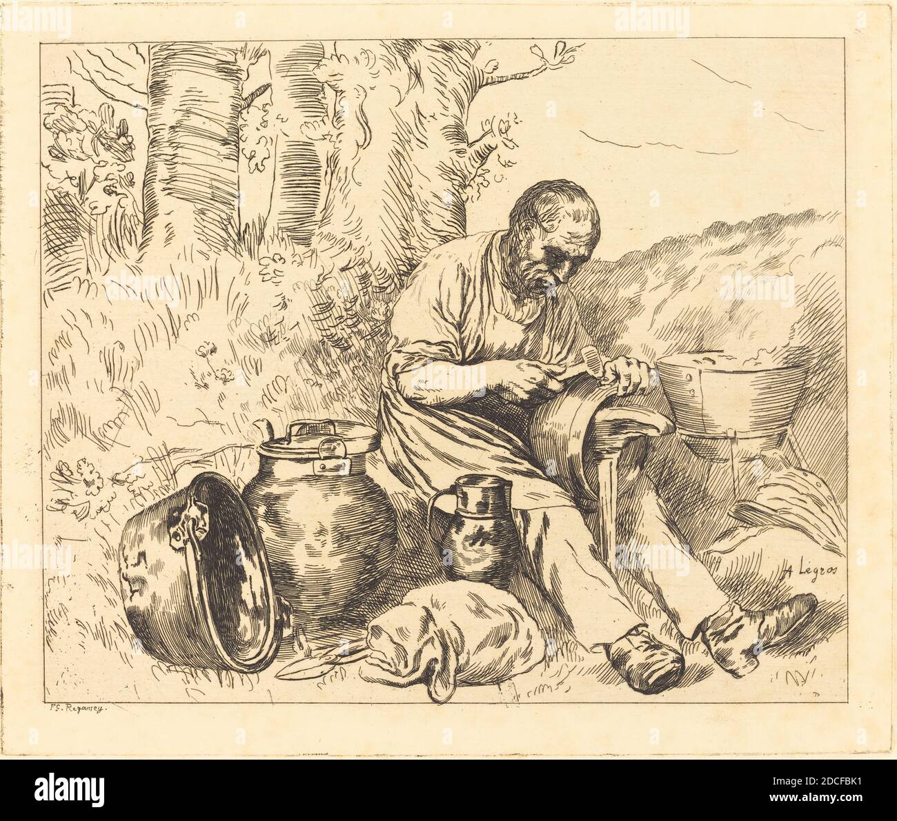 Felix Régamey, (artist), French, 1844 - 1907, Alphonse Legros, (artist after), French, 1837 - 1911, The Tinker (Le retameur), etching Stock Photo