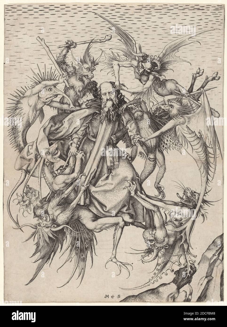 Martin Schongauer, (artist), German, c. 1450 - 1491, The Tribulations of Saint Anthony, c. 1470/1475, engraving on laid paper, sheet (trimmed to plate mark): 31.5 x 23.2 cm (12 3/8 x 9 1/8 in Stock Photo