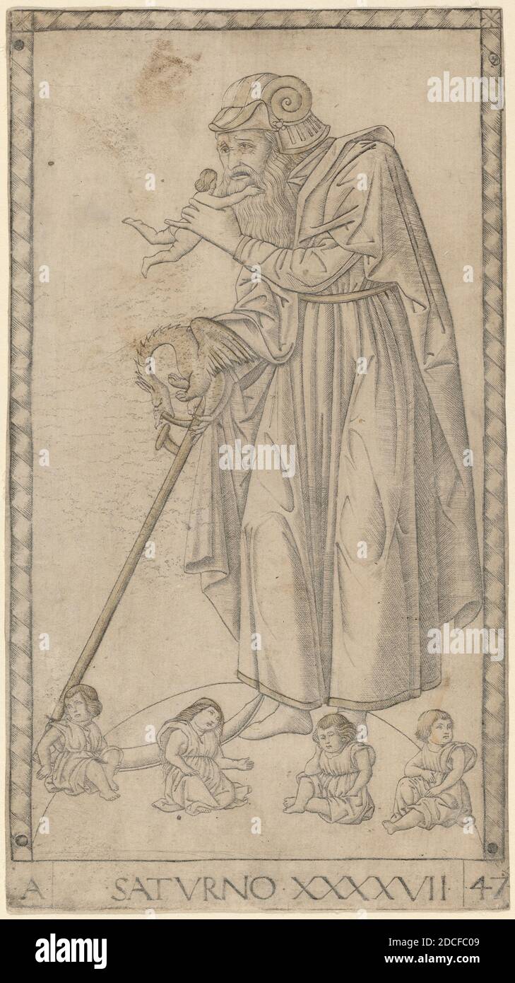 Master of the E-Series Tarocchi, (artist), Ferrarese, active c. 1465, Saturno (Saturn), E-Series (Ten Firmaments): no.XLVII, (series), c. 1465, engraving with traces of gilding, sheet: 17.8 x 10 cm (7 x 3 15/16 in Stock Photo