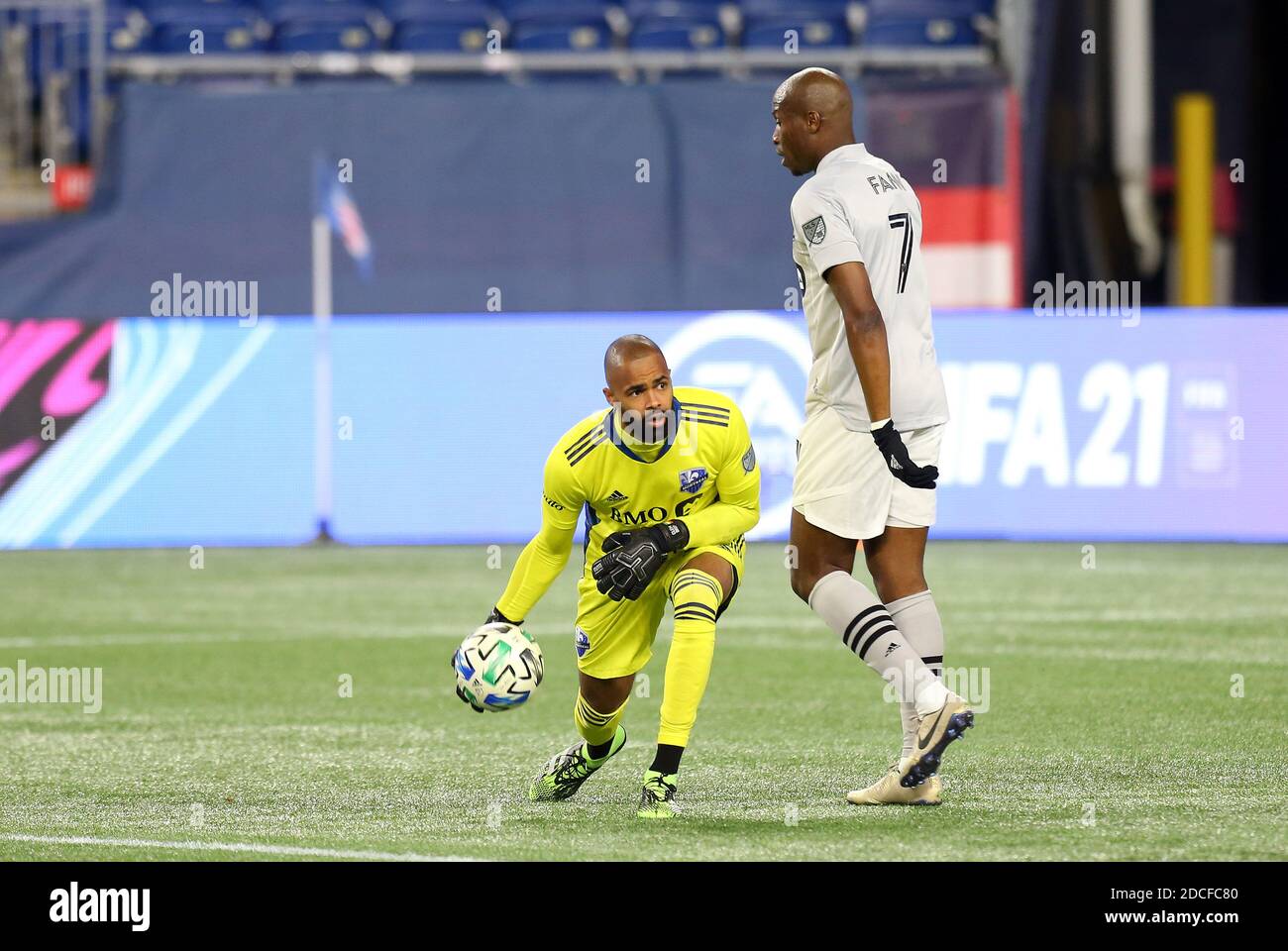 Gillette Stadium. 20th Nov, 2020. MA, USA; Montreal Impact goalkeeper Clement Diop (23) in action during the Eastern Conference Play-in round between Montreal Impact and New England Revolution at Gillette Stadium. Anthony Nesmith/CSM/Alamy Live News Stock Photo