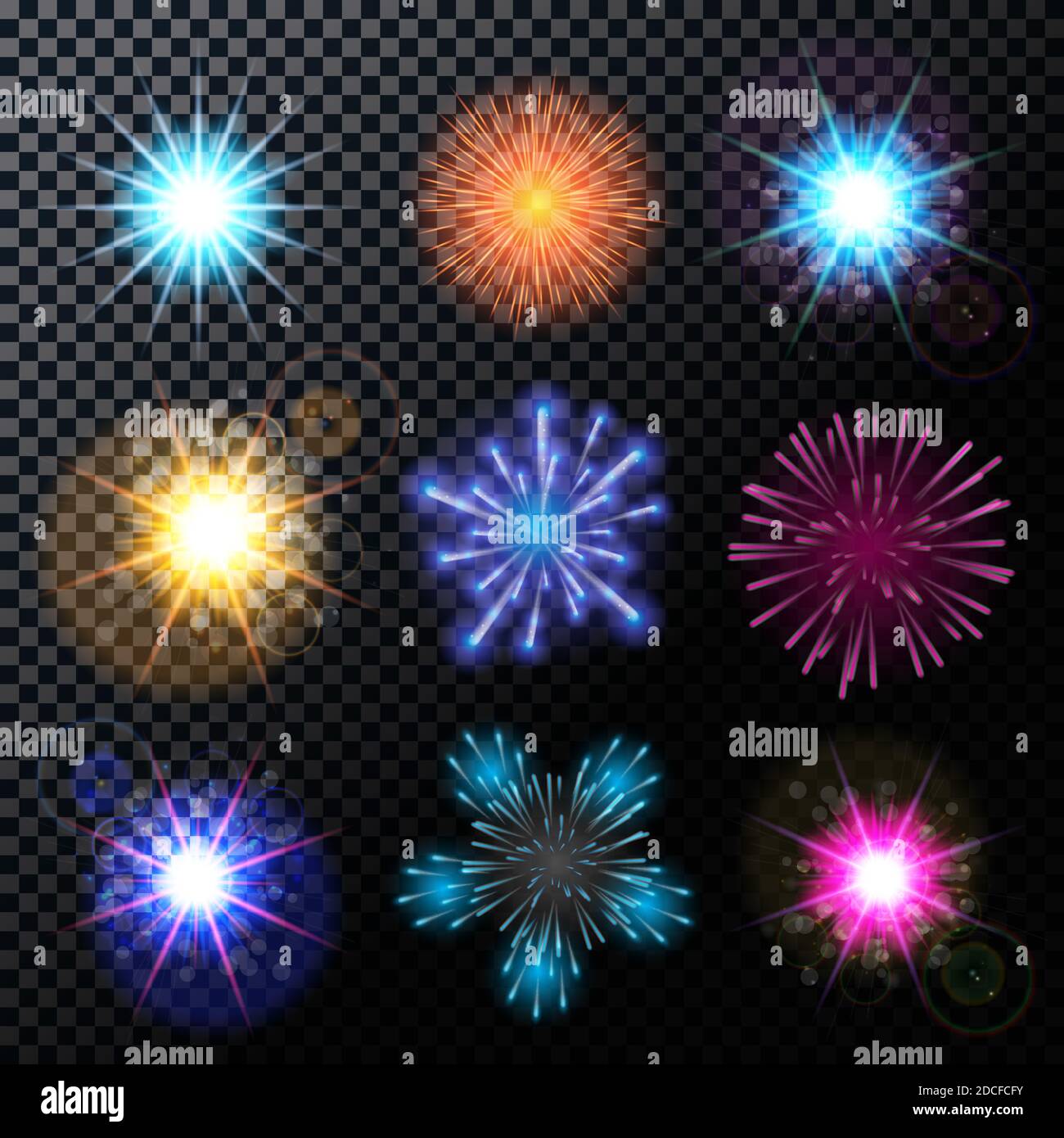 Illustration of Fireworks, Salute Set on a Transparent Background Stock