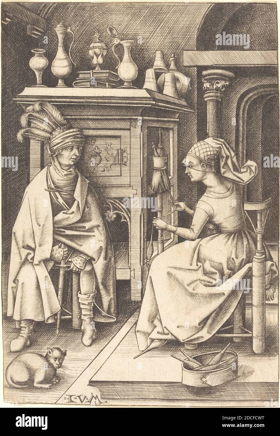 Israhel van Meckenem, (artist), German, c. 1445 - 1503, The Visit to the Spinner, Scenes of Daily Life, (series), c. 1495/1503, engraving, sheet (trimmed to plate mark): 16.2 x 11.1 cm (6 3/8 x 4 3/8 in Stock Photo