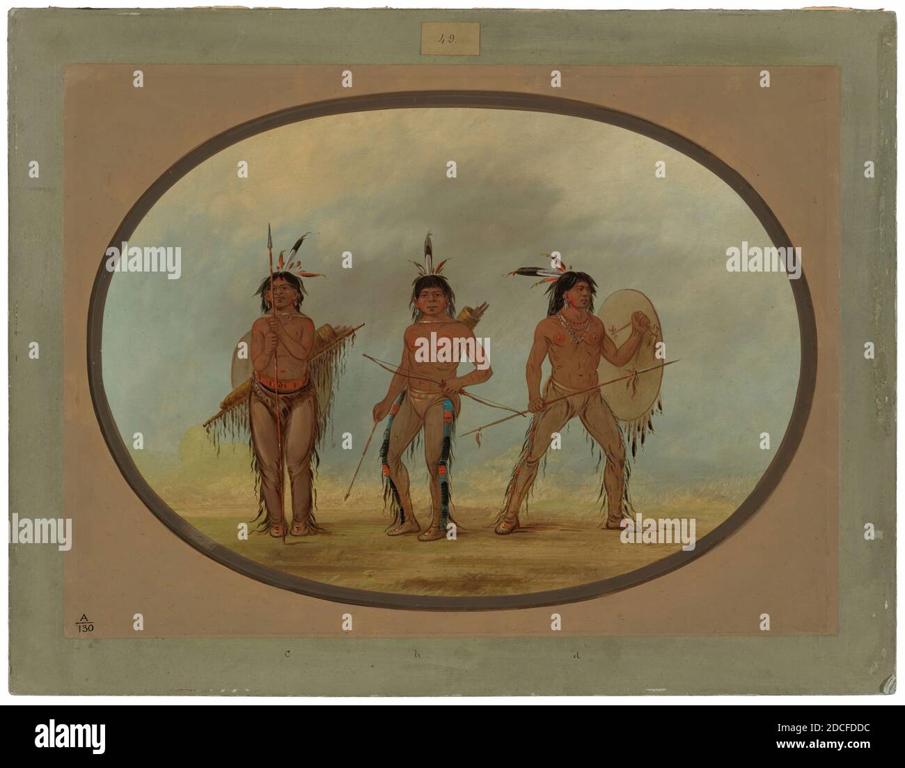 George Catlin, (artist), American, 1796 - 1872, Three Cheyenne Warriors, 1861/1869, oil on card mounted on paperboard, overall: 45.7 x 61.7 cm (18 x 24 5/16 in Stock Photo