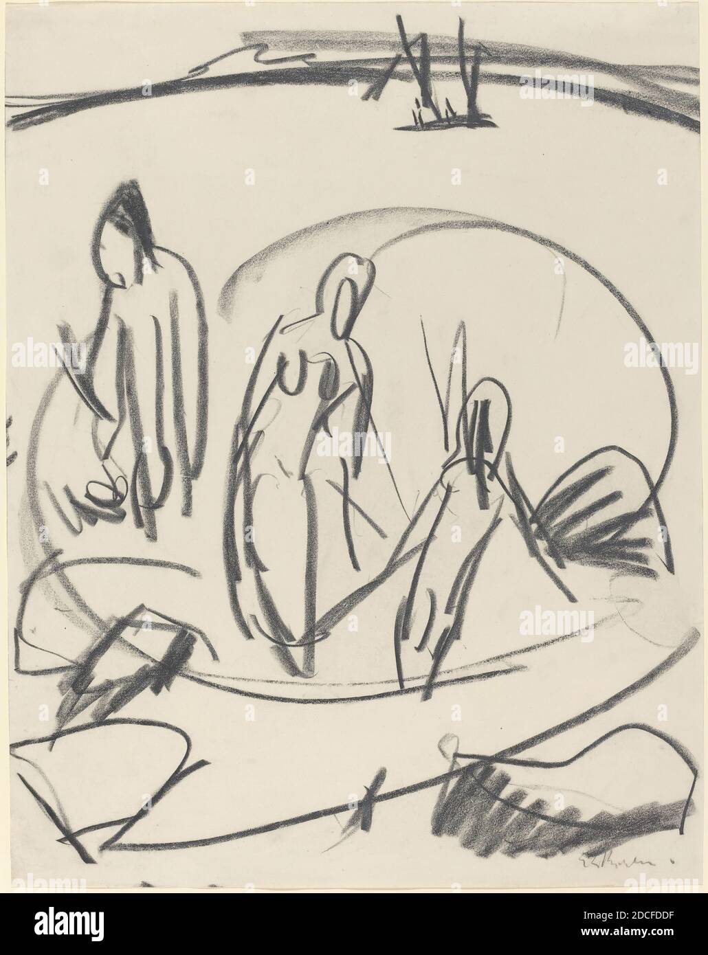 Ernst Ludwig Kirchner, (artist), German, 1880 - 1938, Three Bathers in the Sea, c. 1914, black crayon, overall: 68.1 x 37.6 cm (26 13/16 x 14 13/16 in Stock Photo