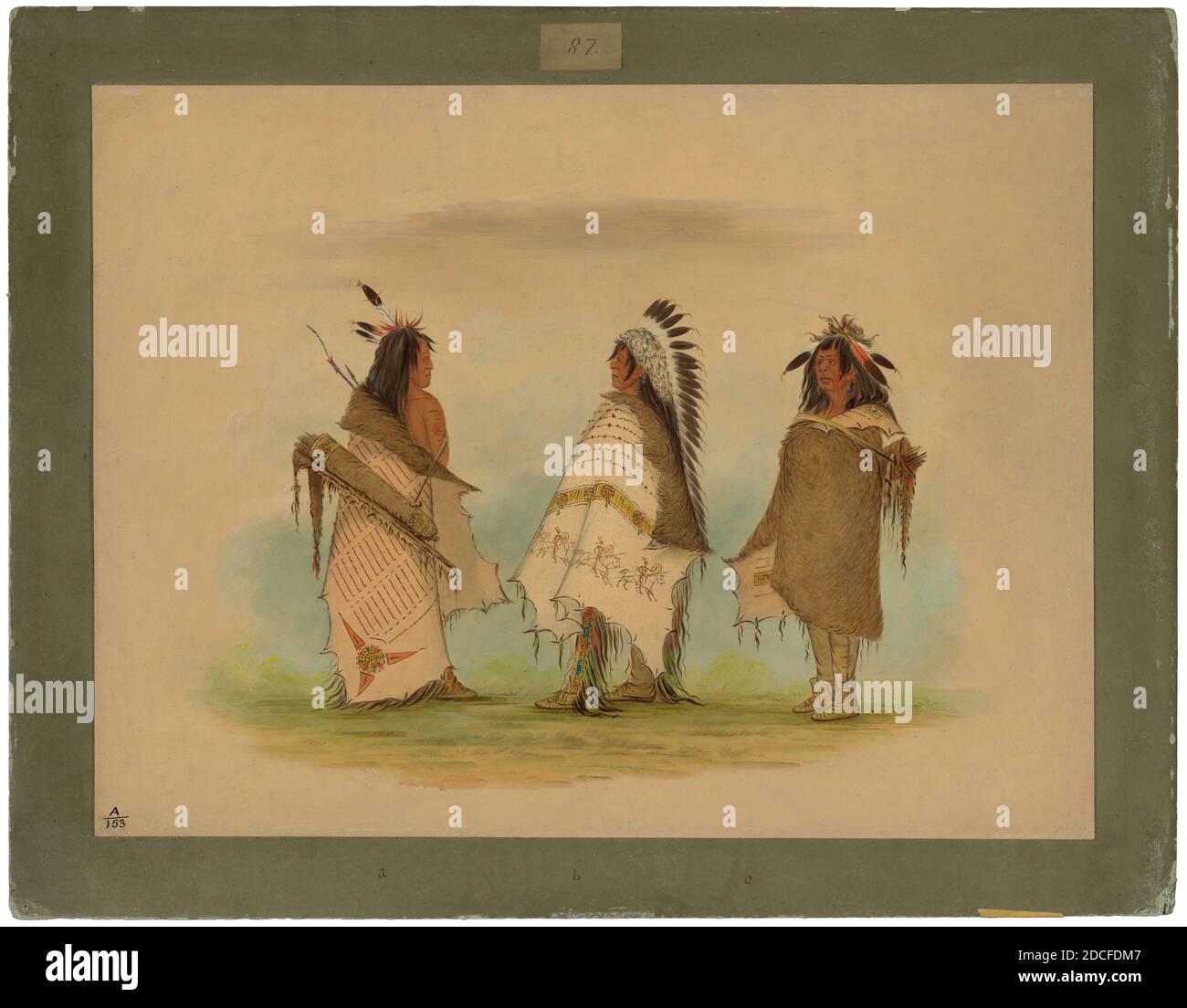 George Catlin, (artist), American, 1796 - 1872, Three Shoshonee Warriors, 1861, oil on card mounted on paperboard, overall: 45.6 x 60.4 cm (17 15/16 x 23 3/4 in Stock Photo