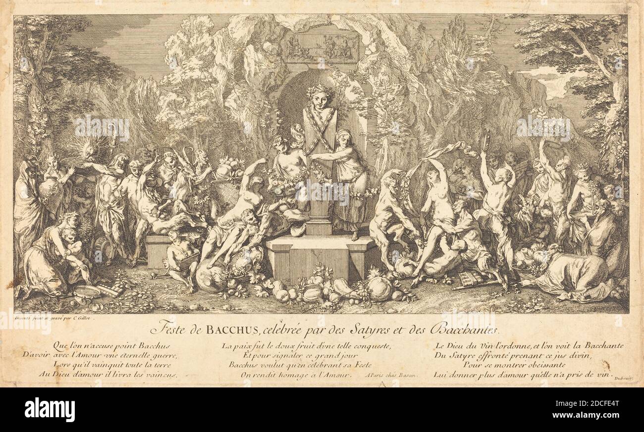 Claude Gillot, (artist), French, 1673 - 1722, Feste de Bacchus, celebree par des Satyres et des Bacchantes (Feast of Bacchus Celeb rated by Satyrs and Bacchanales), Bacchanales, (series), etching and engraving Stock Photo