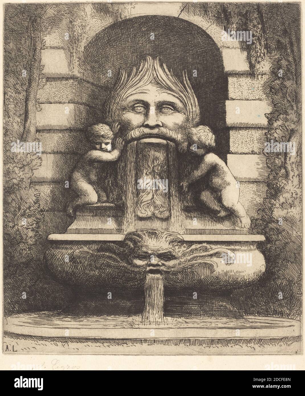 Alphonse Legros, (artist), French, 1837 - 1911, Fountain: Grotesque, Children and Basin (Une fountaine: Masque, enfants et bassin), etching Stock Photo