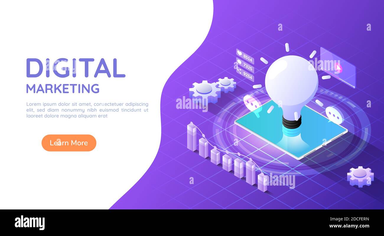 3d Isometric Web Banner Tablet Computer With Idea Light Bulb And Social Media Marketing Icon On Purple Background Digital Marketing Concept Stock Vector Image Art Alamy