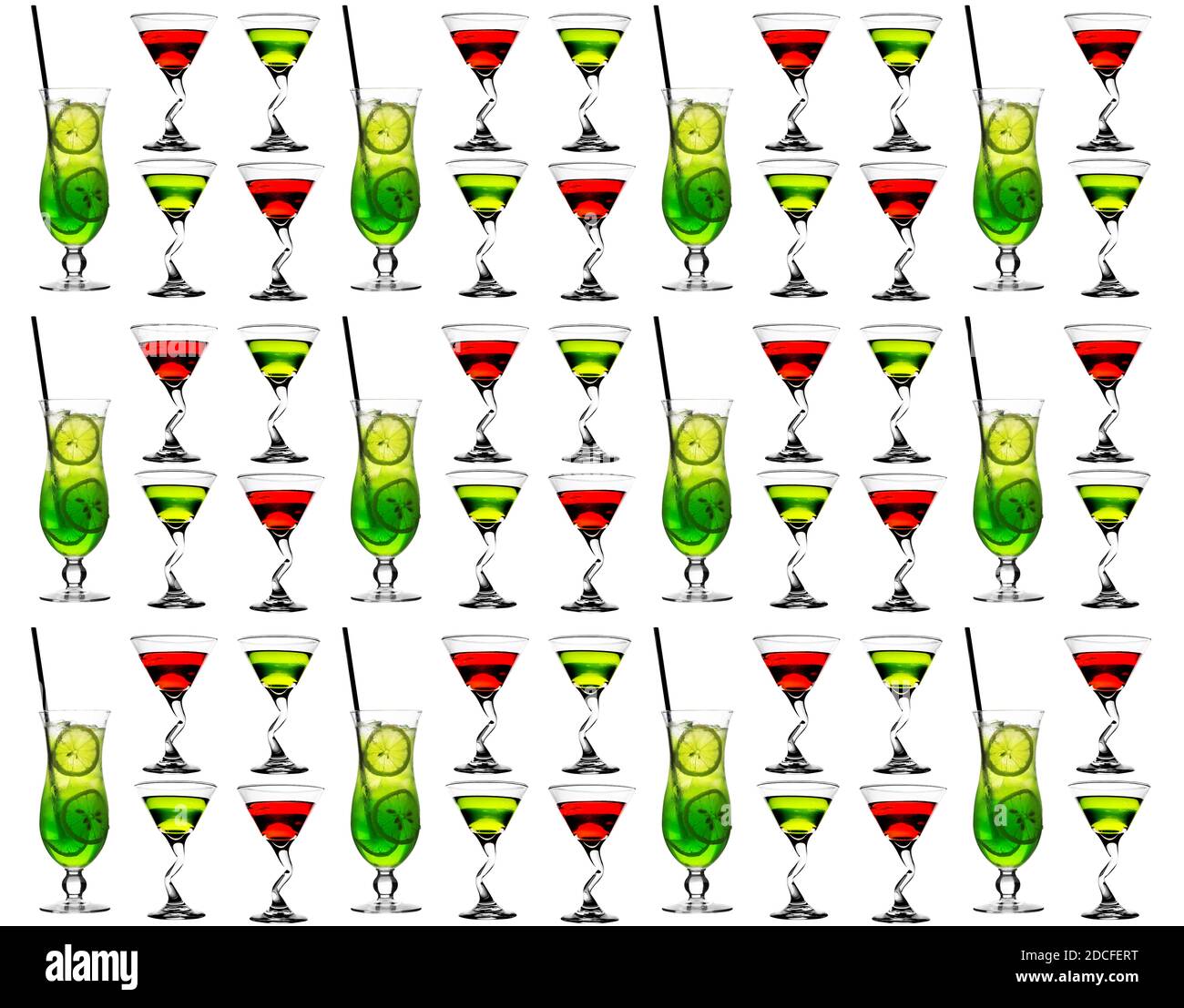Set of multi-colored cocktails on a white background isolated background. Seamless pattern. Original packaging design Stock Photo