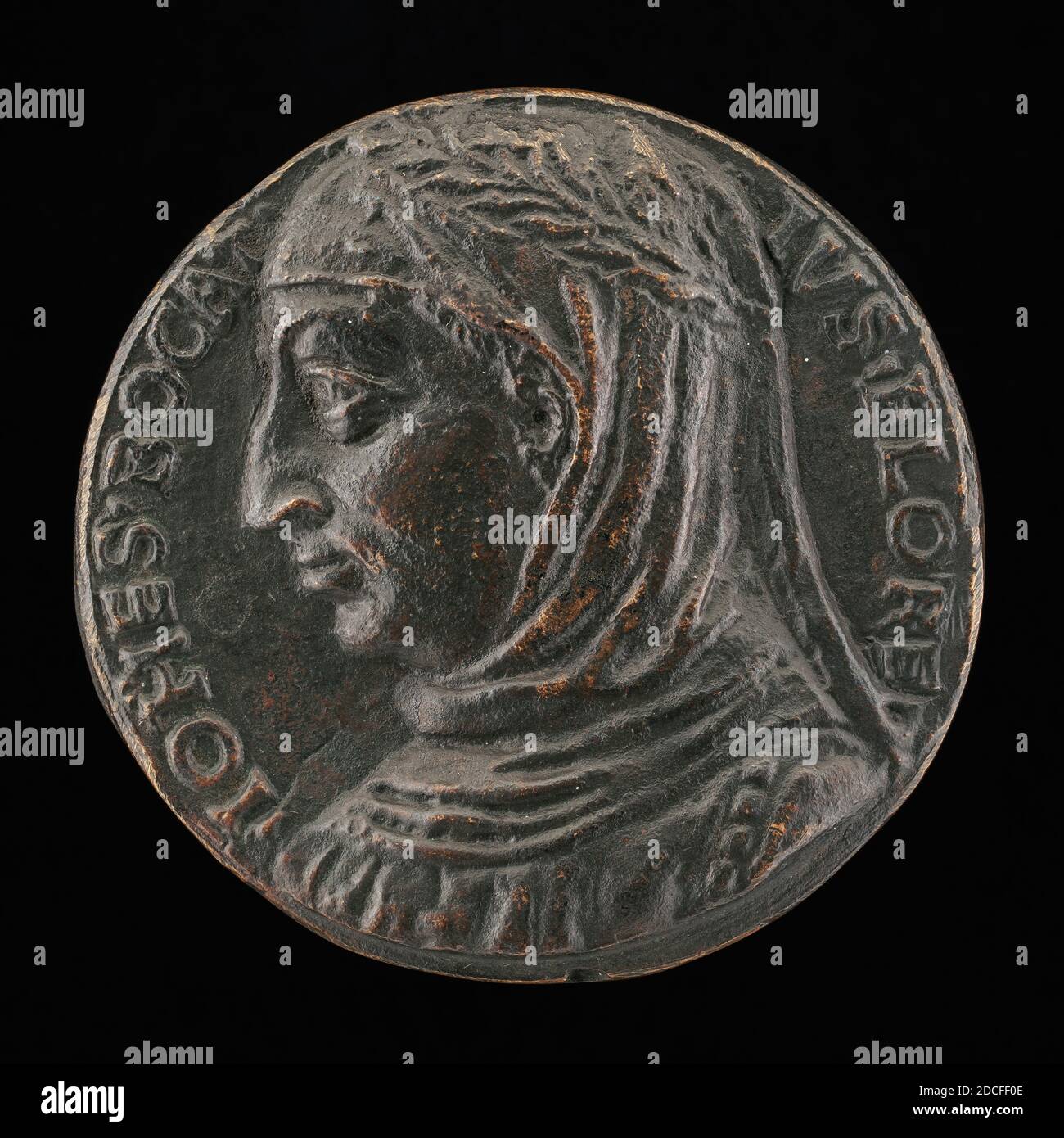 Florentine 15th Century, (artist), Giovanni Boccaccio, 1313-1375, Florentine Writer, c. 1500, bronze/Late cast, overall (diameter): 5.73 cm (2 1/4 in.), gross weight: 77.47 gr (0.171 lb.), axis: 1:00 Stock Photo