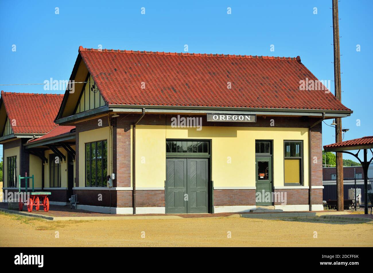 Oregon, Illinois, USA. Historic railroad depot in Oregon, Illinois, The former station was built by the Chicago, Burlington & Quincy Railroad. Stock Photo