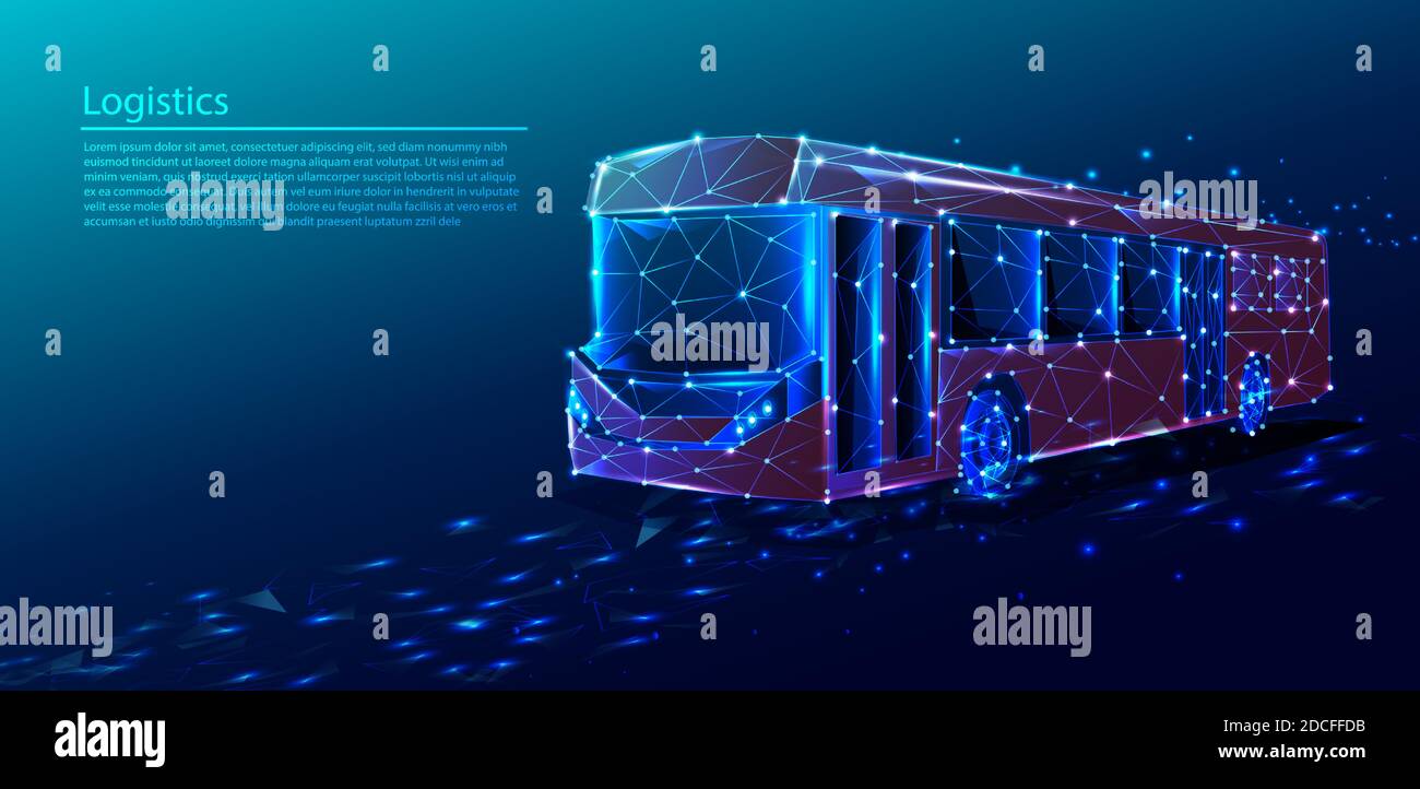 Vector tech polygonal technology background with red bus transport service. Stock Vector