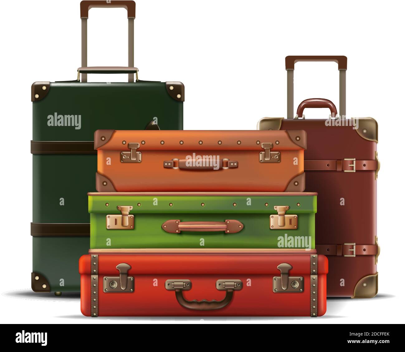 3d realistic vector collection of different sizes travel luggage, retro