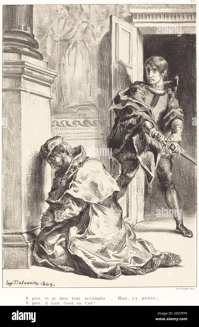 Eugène Delacroix, (artist), French, 1798 - 1863, Hamlet is Tempted to Kill the King (Act III, Scene III), Shakespeare's 'Hamlet', (series), 1834/1843, lithograph Stock Photo
