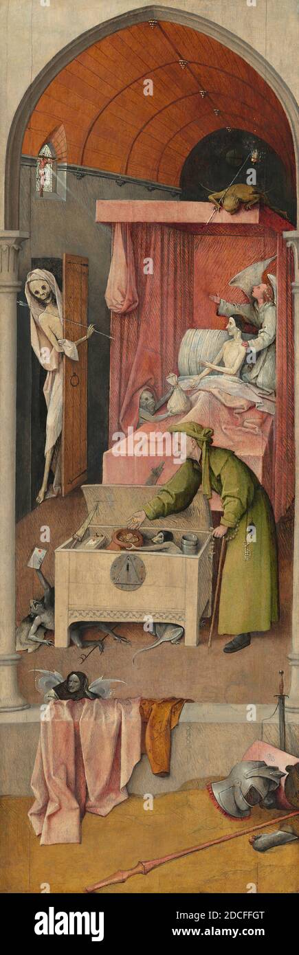 Hieronymus Bosch, (artist), Netherlandish, c. 1450 - 1516, Death and the Miser, c. 1485/1490, oil on panel, overall: 93 x 31 cm (36 5/8 x 12 3/16 in.), framed: 105.9 x 43.5 x 5.4 cm (41 11/16 x 17 1/8 x 2 1/8 in Stock Photo