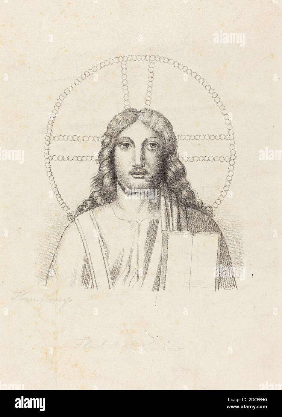 Henry Noel Humphreys, (artist), British, 1810 - 1879, John Flaxman, (artist after), British, 1755 - 1826, Head of Our Savior, from Arringhi's 'Roma Subterranea', Flaxman's 'Lectures on Sculpture:' pl.49, (series), published 1829, lithograph Stock Photo