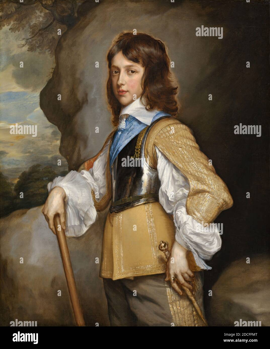 Adriaen Hanneman, (painter), Dutch, c. 1603/1604 - 1671, Henry, Duke of Gloucester, c. 1653, oil on canvas, overall: 104.8 x 87 cm (41 1/4 x 34 1/4 in.), framed: 128.91 x 111.13 x 11.43 cm (50 3/4 x 43 3/4 x 4 1/2 in.), In this three-quarter-length portrait, Henry, Duke of Gloucester, confidently counters the viewer’s scrutiny. He wears a gleaming breastplate that covers a richly brocaded gold doublet with split sleeves; his right hand rests on a staff while his left hand covers the hilt of a gold-topped rapier Stock Photo
