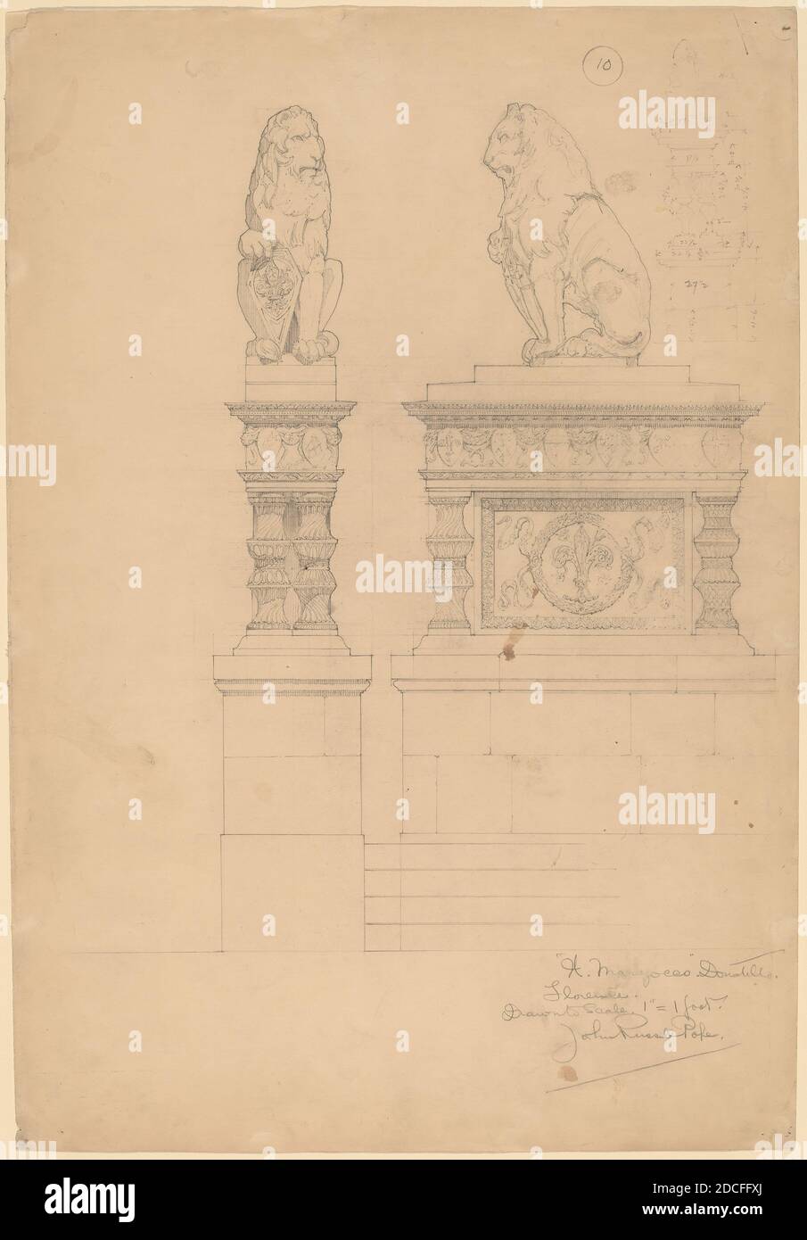 John Russell Pope, (artist), American, 1874 - 1937, Il Marzocco, Donatello, Architectural Studies, (series), c. 1896, graphite, overall: 48.3 x 33.1 cm (19 x 13 1/16 in Stock Photo