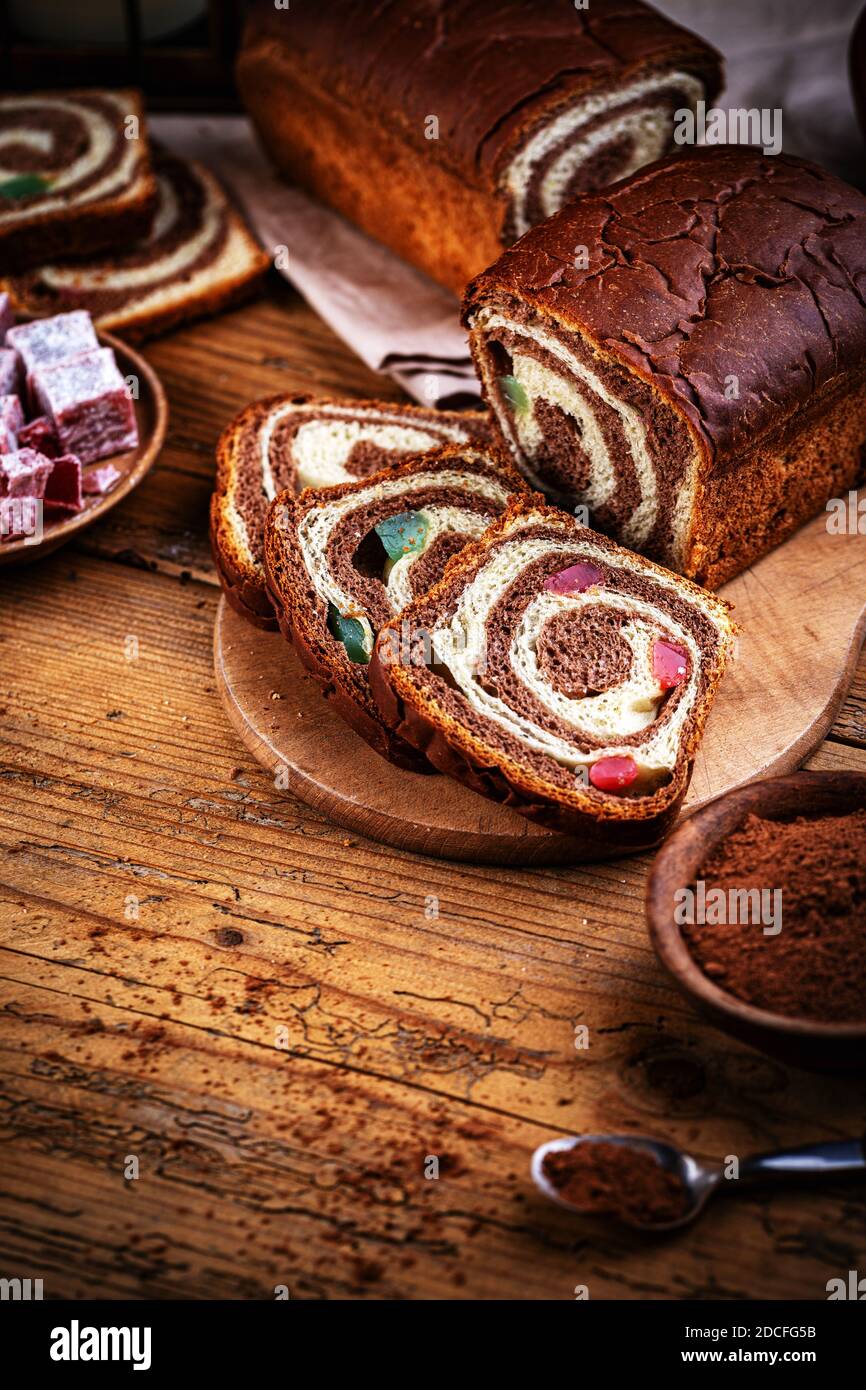 Sliced Marble sweet bread with cocoa and Turkish delight Stock Photo