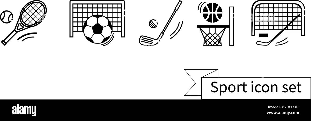 Vector collection of sport linear black icons. hockey, basketball ...
